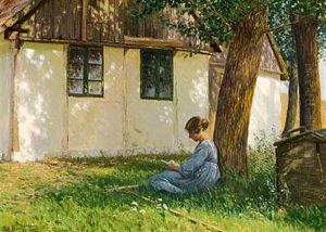 Sommerdag Med En Ung Pige Der Laeser I Skyggen Af Et Trae