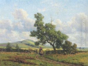 Hostlandskab Med I Forgrunden Kvinde Og Far by Karl Harald Alfred Broge