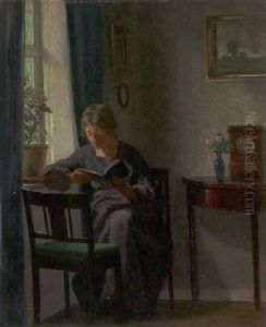 Stueinterior Med Laesende Kvinde by Karl Harald Alfred Broge