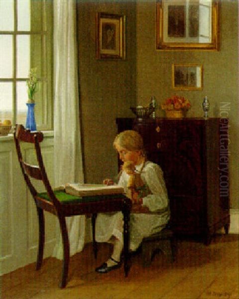 A Young Girl Seated Reading Before A Window - view 1