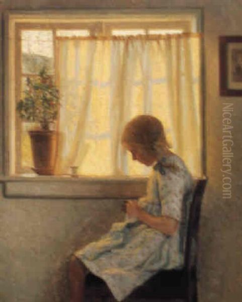 A Young Girl Sewing - view 1