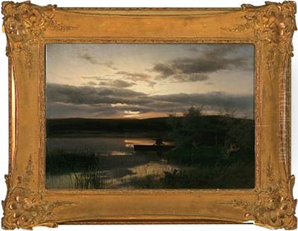 Sunset With A Man Fishing In A Lake - view 1