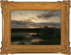 Sunset With A Man Fishing In A Lake by August Bromeis