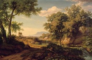Weite Suditalienische Landschaft. Vorn, Am Rand Einer Lichtung, Hirten Mit Ihrem Vieh by August Bromeis