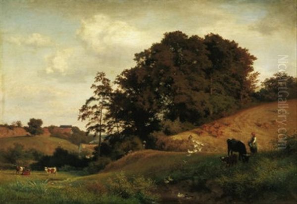 Idyllische Sommerlandschaft Mit Bauernkaten Und Einem Viehhirten Auf Dem Felde - view 1