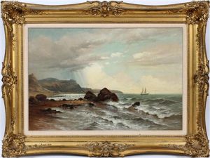 Rocky Coastline With Sailboats In The Distance by Frank C. Bromley