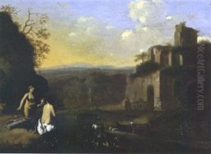 Huntresses And Cattle In A Classical Landscape