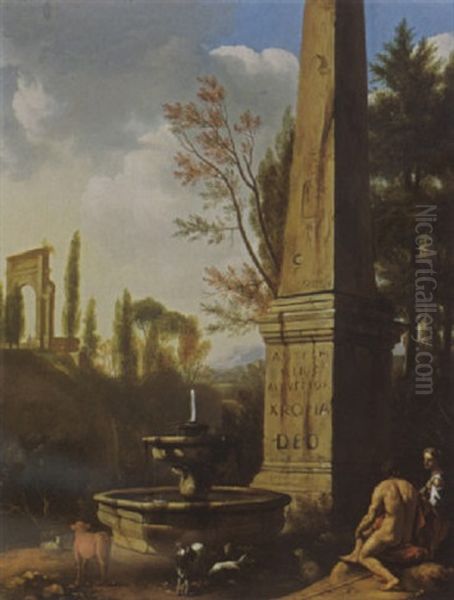 A Classical Landscape With Shepherds Resting With Their Flock By A Fountain Near A Roman Obelisk - view 1