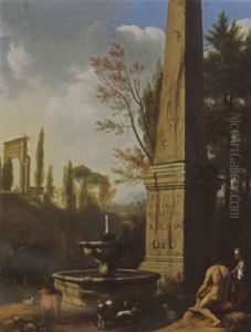 A Classical Landscape With Shepherds Resting With Their Flock By A Fountain Near A Roman Obelisk by Gerrit van Bronckhorst