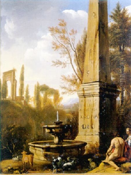 Shepherds Resting By A Fountain And An Obelisk In An Arcadian Landscape - view 1