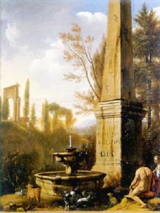 Shepherds Resting By A Fountain And An Obelisk In An Arcadian Landscape by Gerrit van Bronckhorst