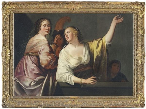 Two Women At A Stone Ledge With A Boy Playing A Flute - view 1