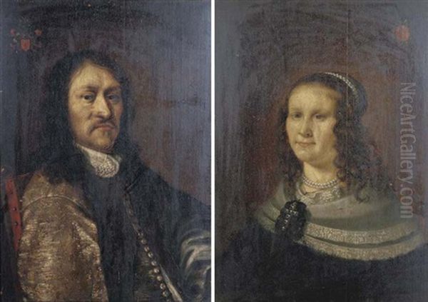 Portrait Of A Gentleman In A Gold Embroidered Costume With A Lace Collar (+ Portrait Of A Lady, In A Dress With A White Collar And Pearl Necklace; Pair) - view 1