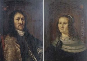 Portrait Of A Gentleman In A Gold Embroidered Costume With A Lace Collar (+ Portrait Of A Lady, In A Dress With A White Collar And Pearl Necklace; Pair) by Jan Gerritsz van Bronckhorst