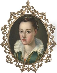 Bildnis Einer Jungen Frau Im Gold Bestickten Grunen Kleid Mit Perlenschmuck Im Haar by Agnolo Bronzino