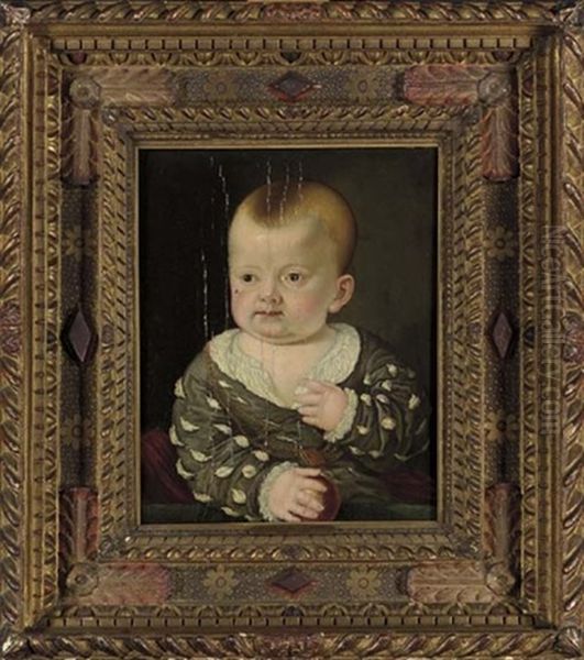 Portrait Of A Boy In A Grey Coat Holding A Ball - view 1