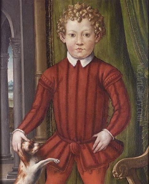 Portrait Of A Young Boy In Red Costume With A Dog At His Side, Before A Green Curtain - view 1