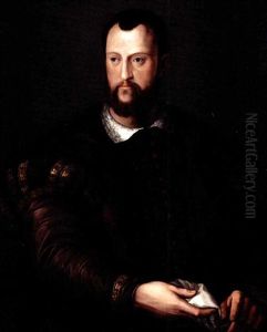 Portrait Of Cosimo I De Medici (1519-1574), Half Length, Wearing A Fur-lined Brown Embroidered Cloak And Holding A White Handkerchief