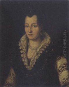 Portrait Od Duchess Bianca Capello In An Embroidered And Jeweled Bodice With White Sleeves And Gauffered Collar