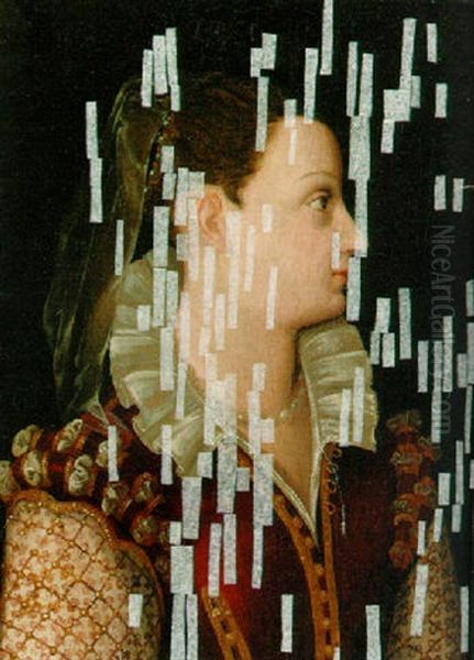 Portrait Of A Lady In A Red Dress With Patterned And Pearl-encrusted Sleeves - view 1