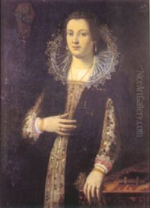 A Portrait Of A Lady With A Lace Collar Holding A Pair Of Gloves by Agnolo Bronzino