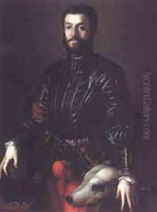Portrait Of Guidobaldo Della Rovere In Armour, Three-quarter Length, With Dog by Agnolo Bronzino