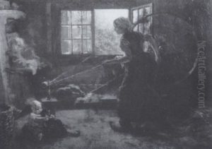 Interior With Woman At Spinning Wheel by Richard Norris Brooke