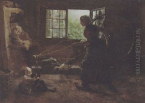 Mother And Child Tending To Chores by Richard Norris Brooke