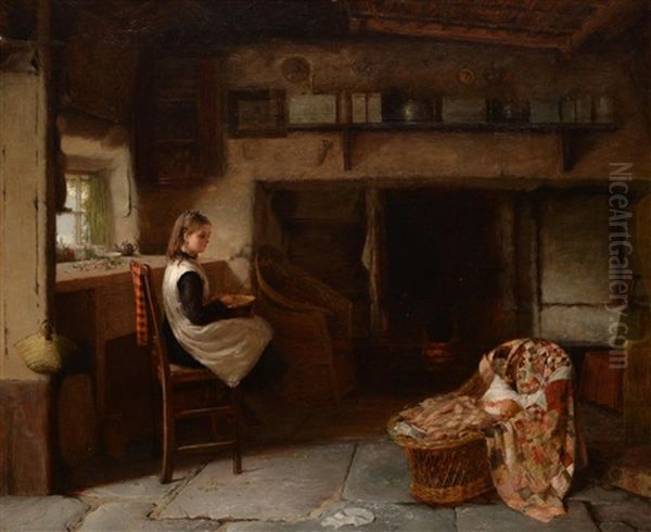A Young Girl Preparing Vegetables In A Cottage Interior Whilst Minding The Baby - view 1