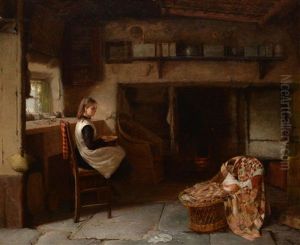 A Young Girl Preparing Vegetables In A Cottage Interior Whilst Minding The Baby by Harry Brooker