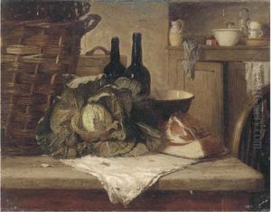 A Cabbage, Joint Of Meat, Bottles And A Wicker Basket On A Kitchen Table A Cabbage, Joint Of Meat, Bottles And A Wicker Basket On A Kitchen Table