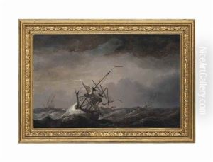 A Dismasted English Ship At Sea Driven Before A Gale, Her Headsails Aback, With Other Ships In A Heavy Sea by Charles Brooking