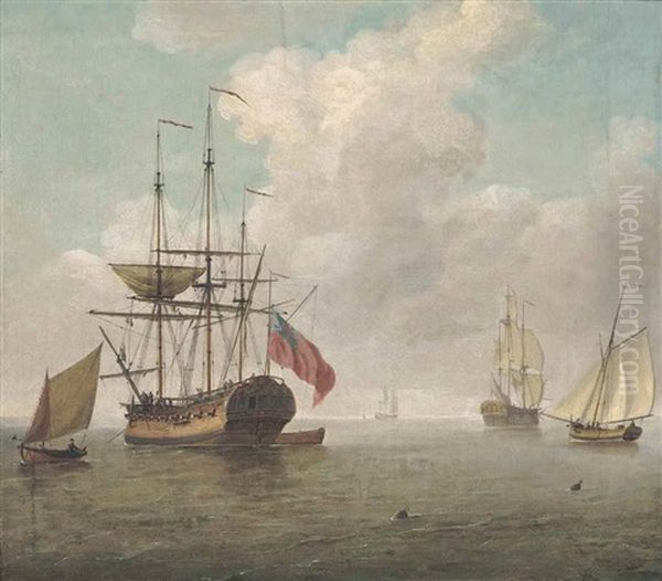 A Small Man O'war At Anchor With Cutters Under Sail - view 1