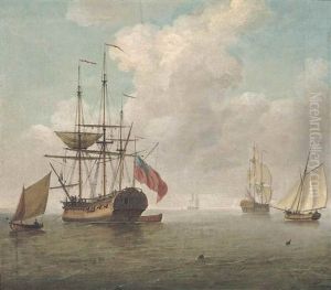 A Small Man O'war At Anchor With Cutters Under Sail by Charles Brooking