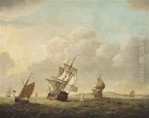 A Royal Navy Fourth Rate Heeling In The Breeze Off Plymouth Sound As She Heads Down The Channel With Other Warships And Coastal Craft Nearby by Charles Brooking