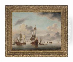 An English Two-decker Of Forty Guns Riding At Anchor Off A Coast With A Galliot Close By And Five Men-o'war Beyond by Charles Brooking