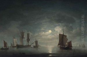 An English Merchant Brig And Coastal Craft Becalmed By Moonlight by Charles Brooking