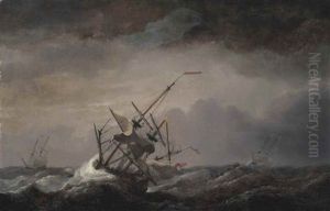 A Dismasted English Ship At Sea Driven Before A Gale, Her Headsails Aback, With Other Ships In A Heavy Sea by Charles Brooking