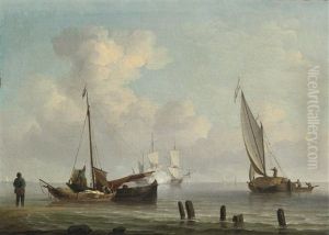 Dutch Fishing Kaags By A Shore, With A Man Of War Saluting by Charles Brooking