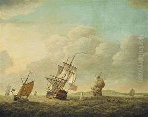 A Royal Navy Fourth Rate Heeling In The Breeze In The Channel, Running Past The Entrance To Plymouth Sound, With Other Warships And Local Craft Nearby by Charles Brooking