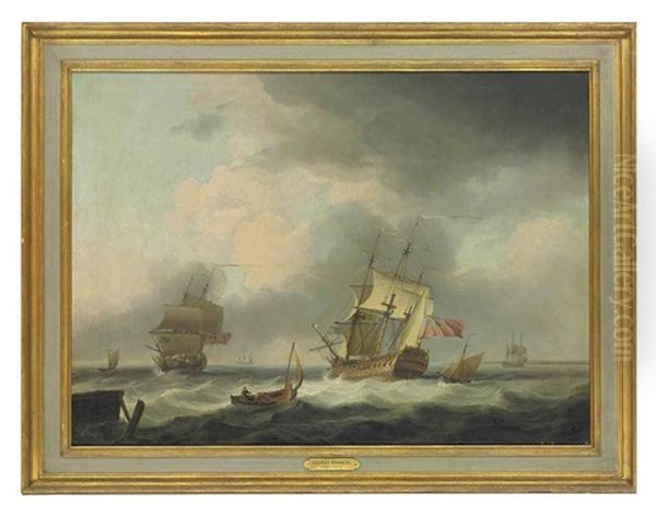 A 74 And A Frigate In A Stiff Breeze In The Channel, With Coastal Craft And Other Shipping Beyond - view 1
