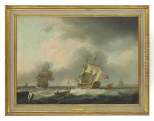 A 74 And A Frigate In A Stiff Breeze In The Channel, With Coastal Craft And Other Shipping Beyond by Charles Brooking