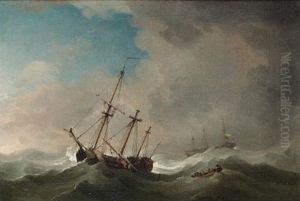 A Flagship In A Gale Shortening Sail by Charles Brooking
