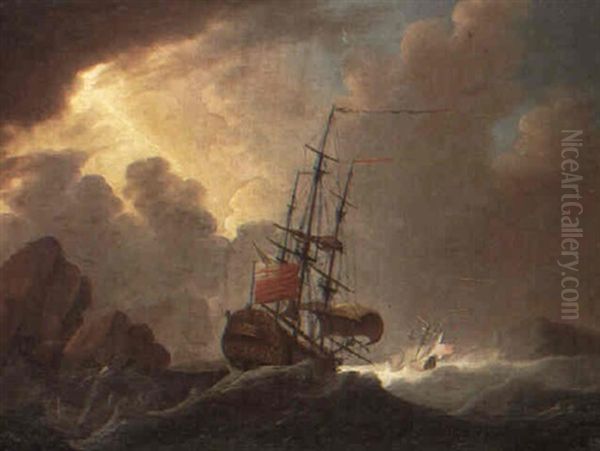British Man O'war And A Frigate Weaving Their Way Past A Rocky Coastline - view 1