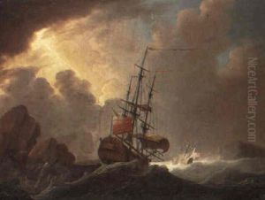 British Man O'war And A Frigate Weaving Their Way Past A Rocky Coastline by Charles Brooking