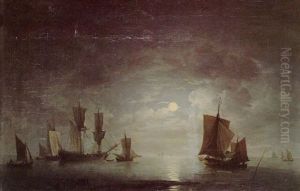 An English Frigate And Coastal Craft Becalmed By Moonlight by Charles Brooking