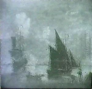 Frigate And Fishing Vessels Off Coast by Charles Brooking