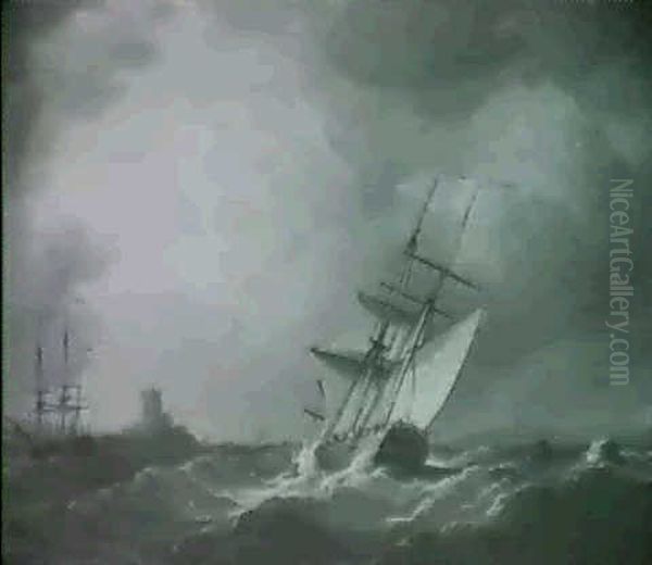 A Cutter Heeling Over In A Squall, Another Sailing Vassel And A Castle Beyond - view 1