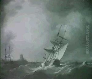 A Cutter Heeling Over In A Squall, Another Sailing Vassel And A Castle Beyond by Charles Brooking