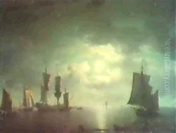 An English Merchant-brig And Coastall Craft Becalmed By Moonlight - view 1